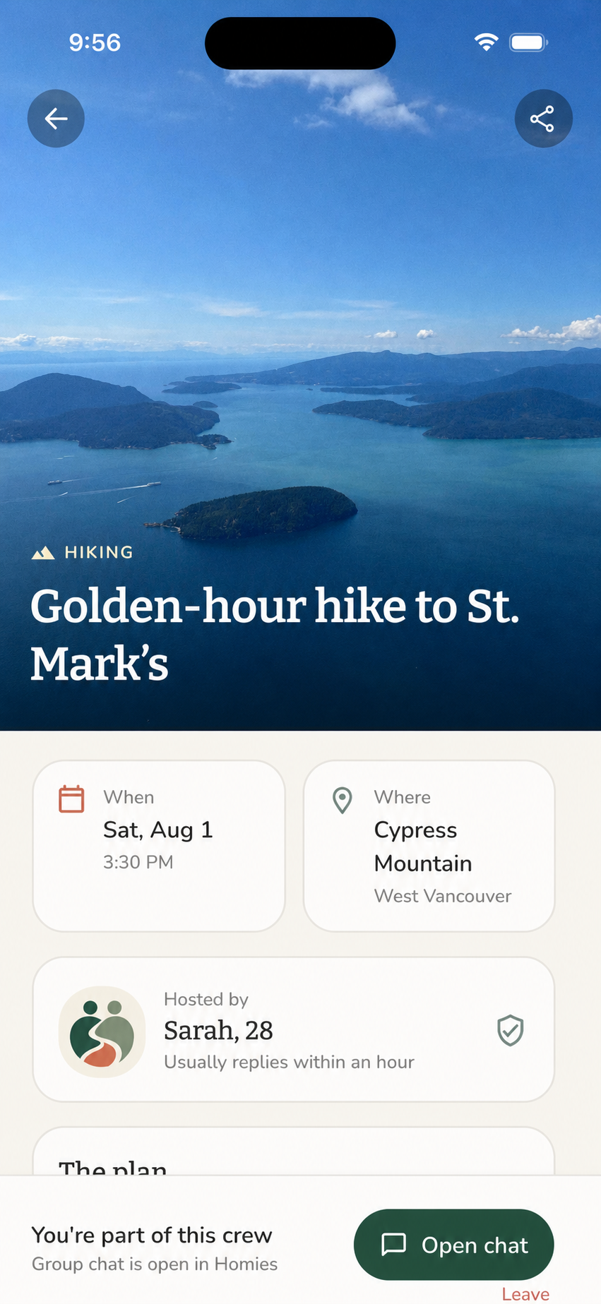 Rally activity detail screen showing a Golden-hour hike over Howe Sound