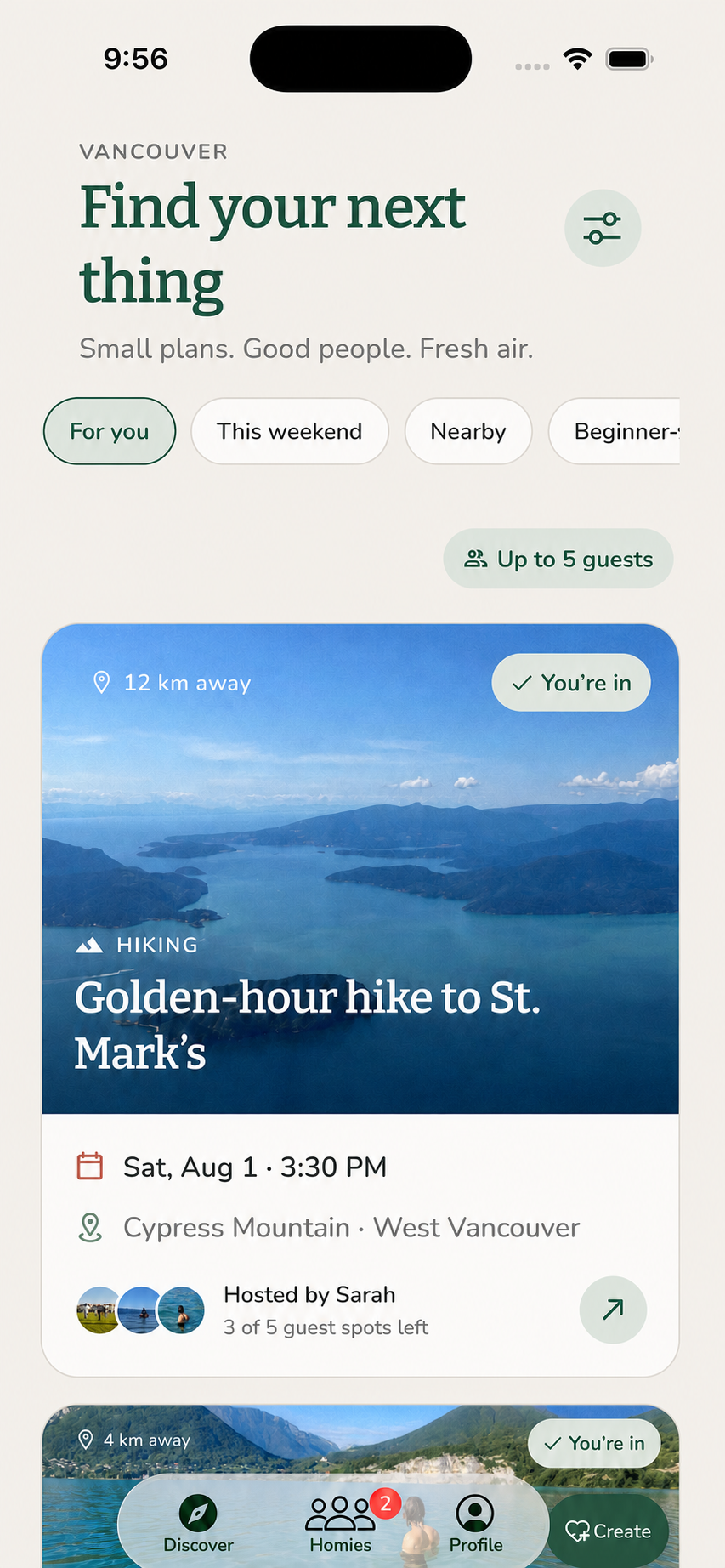 Rally discover screen showing a Golden-hour hike over Howe Sound