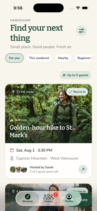 Rally discover screen showing nearby activities