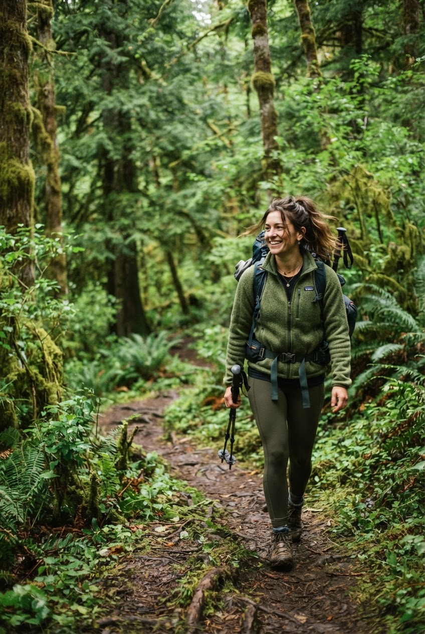 Friends hiking together in a coastal forest